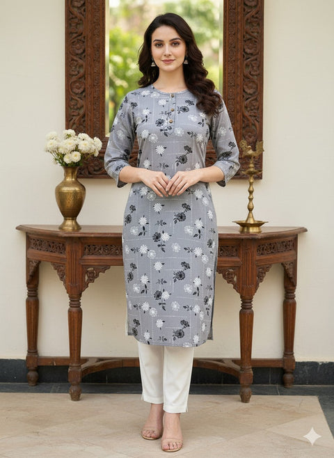 Saka Designs Rayon Printed 3/4 Sleeves Straight Kurti Grey (Kurti-1)