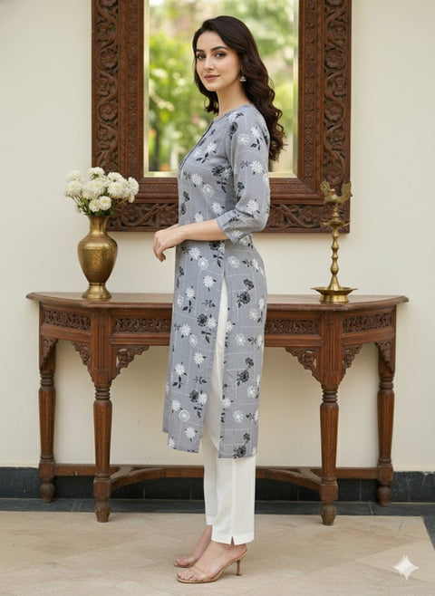 Saka Designs Rayon Printed 3/4 Sleeves Straight Kurti Grey (Kurti-1)