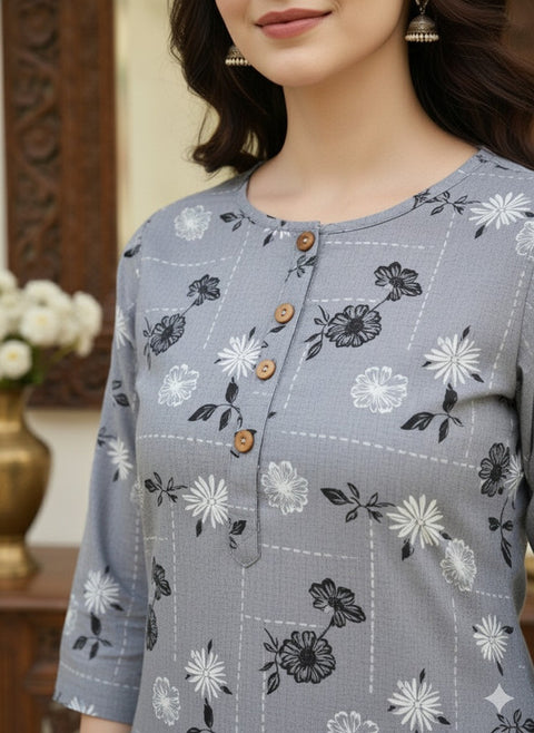 Saka Designs Rayon Printed 3/4 Sleeves Straight Kurti Grey (Kurti-1)