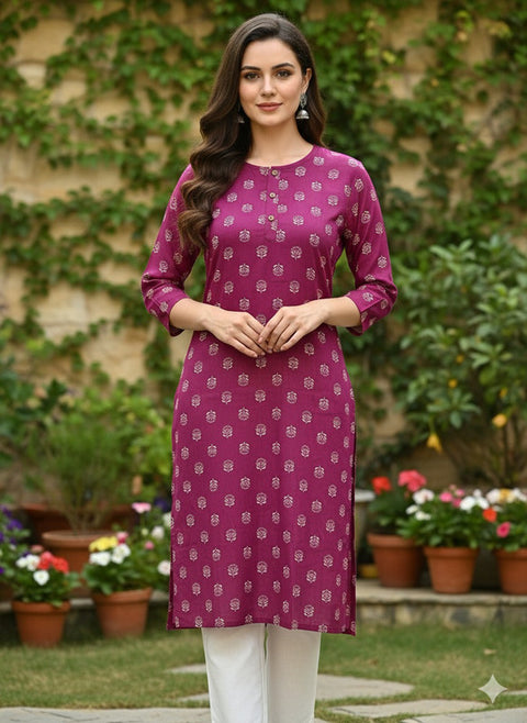 Saka Designs Rayon Printed 3/4 Sleeves Straight Kurti Pink (Kurti-10)