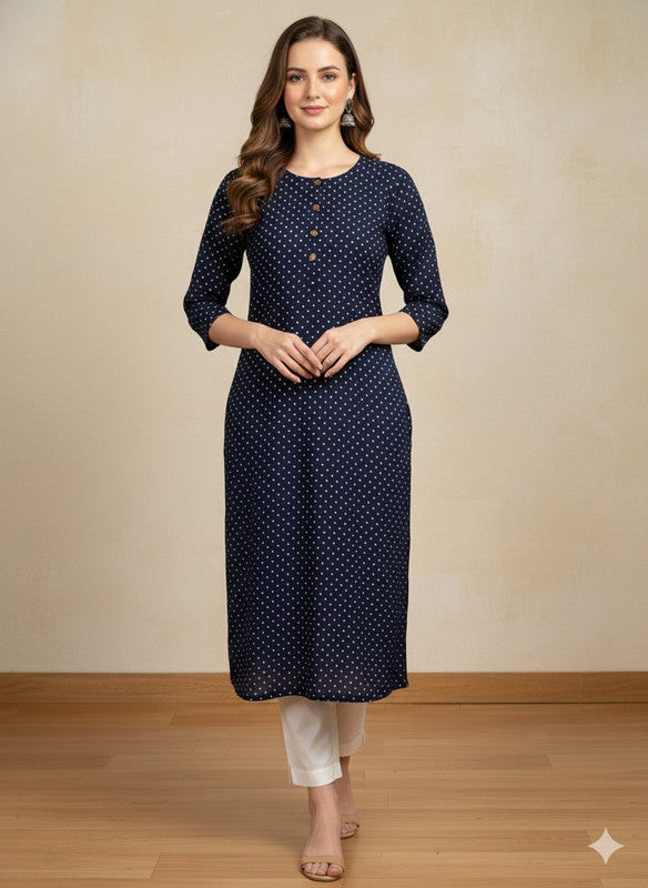 Saka Designs Rayon Printed 3/4 Sleeves Straight Kurti Blue (Kurti-16)