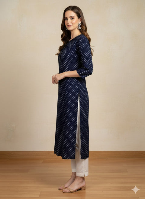 Saka Designs Rayon Printed 3/4 Sleeves Straight Kurti Blue (Kurti-16)