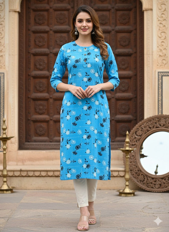 Saka Designs Rayon Printed 3/4 Sleeves Straight Kurti Blue (Kurti-2)