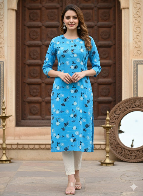 Saka Designs Rayon Printed 3/4 Sleeves Straight Kurti Blue (Kurti-2)