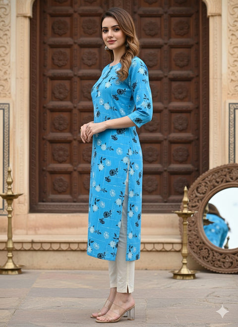 Saka Designs Rayon Printed 3/4 Sleeves Straight Kurti Blue (Kurti-2)