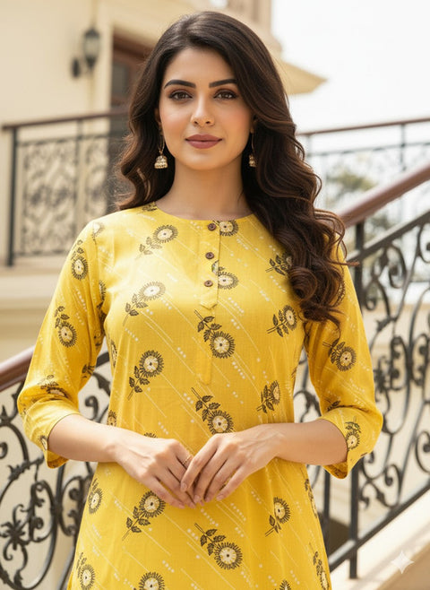 Saka Designs Rayon Printed 3/4 Sleeves Straight Kurti Yellow (Kurti-21)