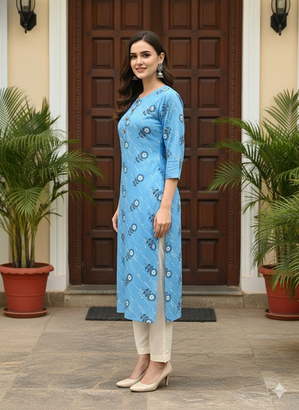 Saka Designs Rayon Printed 3/4 Sleeves Straight Kurti Blue (Kurti-23)