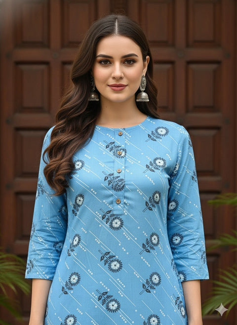 Saka Designs Rayon Printed 3/4 Sleeves Straight Kurti Blue (Kurti-23)