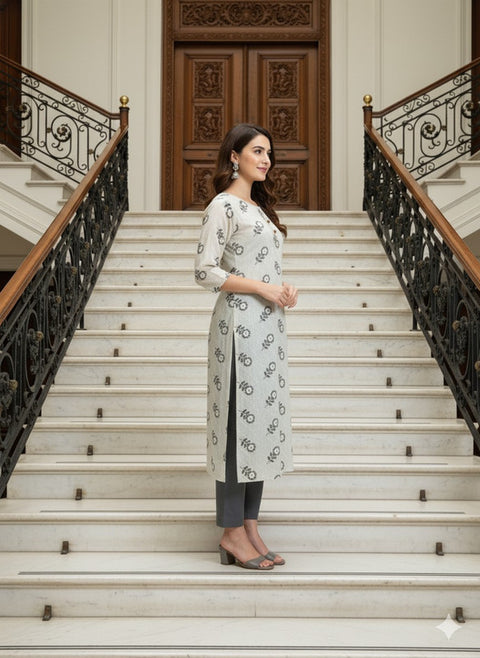 Saka Designs Rayon Printed 3/4 Sleeves Straight Kurti White (Kurti-26)