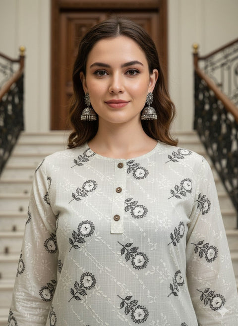 Saka Designs Rayon Printed 3/4 Sleeves Straight Kurti White (Kurti-26)