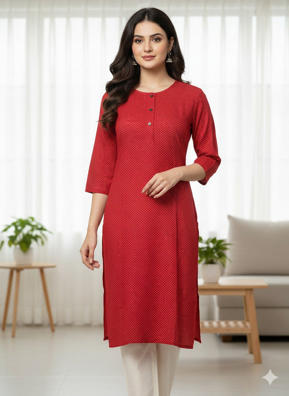 Saka Designs Rayon Printed 3/4 Sleeves Straight Kurti Red (Kurti-27)