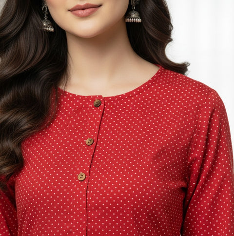 Saka Designs Rayon Printed 3/4 Sleeves Straight Kurti Red (Kurti-27)