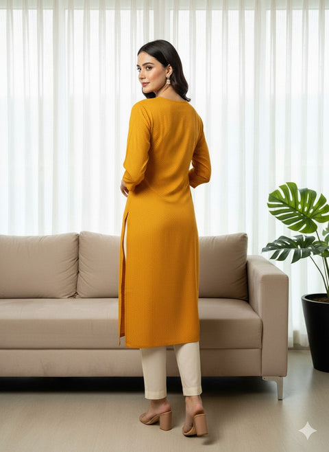 Saka Designs Rayon Printed 3/4 Sleeves Straight Kurti Orange (Kurti-28)