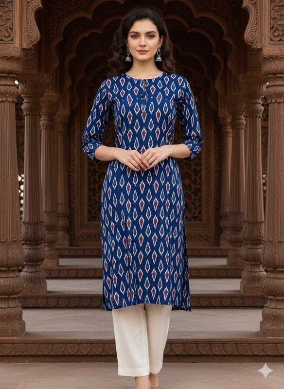 Saka Designs Rayon Printed 3/4 Sleeves Straight Kurti Blue (Kurti-29)