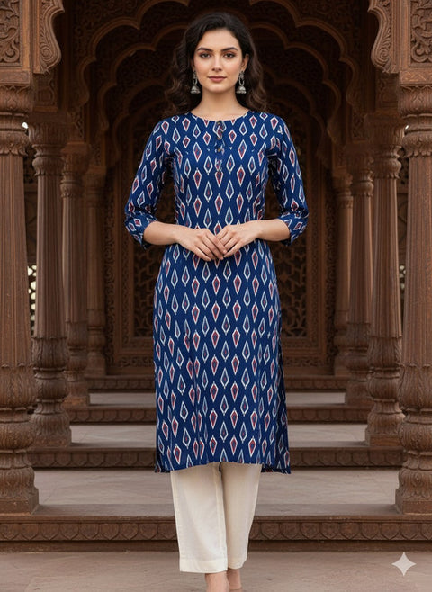 Saka Designs Rayon Printed 3/4 Sleeves Straight Kurti Blue (Kurti-29)