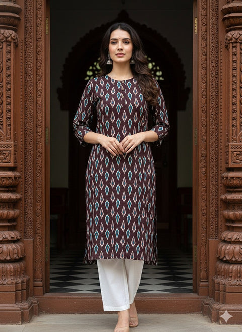 Saka Designs Rayon Printed 3/4 Sleeves Straight Kurti Brown (Kurti-31)