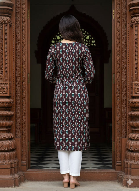 Saka Designs Rayon Printed 3/4 Sleeves Straight Kurti Brown (Kurti-31)