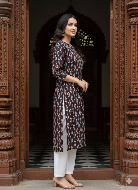 Saka Designs Rayon Printed 3/4 Sleeves Straight Kurti Brown (Kurti-31)