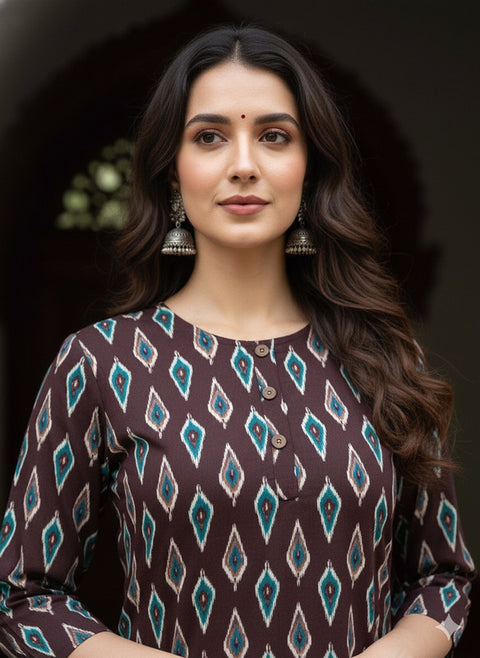 Saka Designs Rayon Printed 3/4 Sleeves Straight Kurti Brown (Kurti-31)