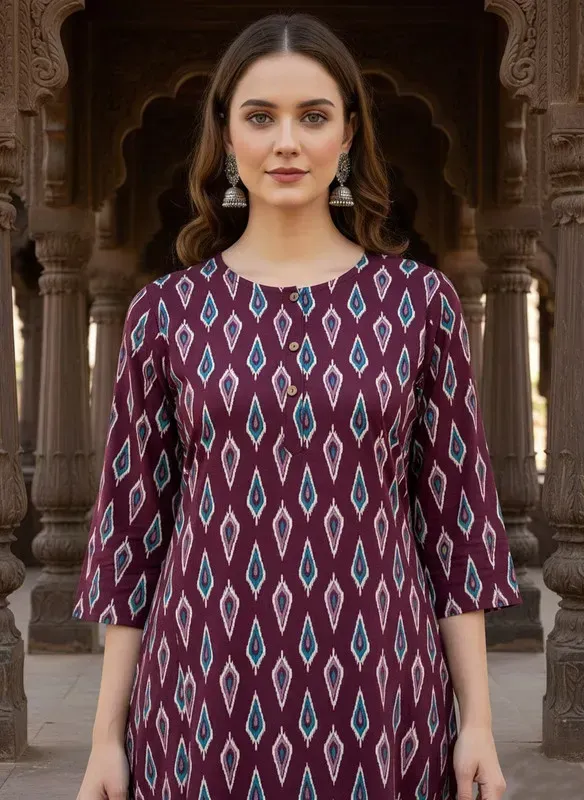 Printed 3/4 Sleeves Straight Kurti Purple (Kurti-32)