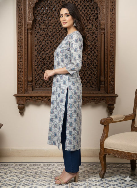 Saka Designs Rayon Printed 3/4 Sleeves Straight Kurti White (Kurti-33)