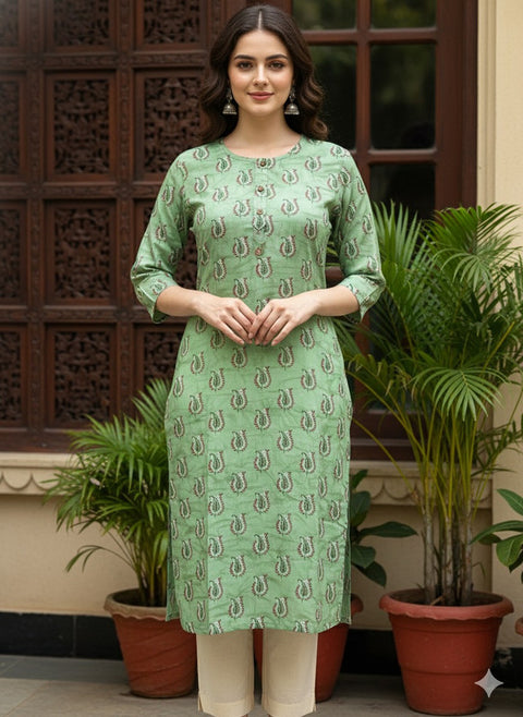 Saka Designs Rayon Printed 3/4 Sleeves Straight Kurti Green (Kurti-35)