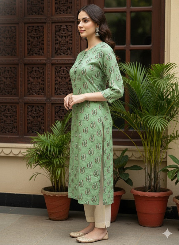 Saka Designs Rayon Printed 3/4 Sleeves Straight Kurti Green (Kurti-35)