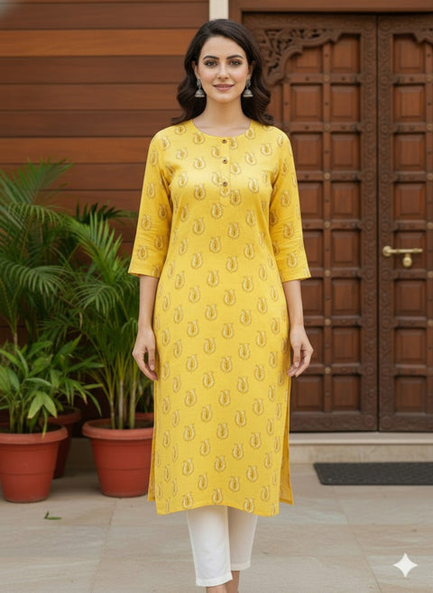 Saka Designs Rayon Printed 3/4 Sleeves Straight Kurti Yellow (Kurti-36)