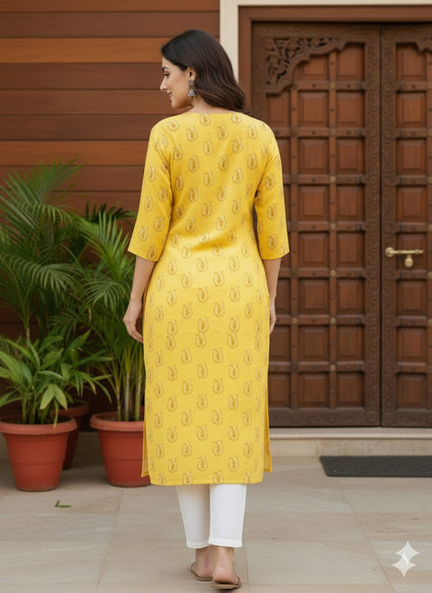 Saka Designs Rayon Printed 3/4 Sleeves Straight Kurti Yellow (Kurti-36)