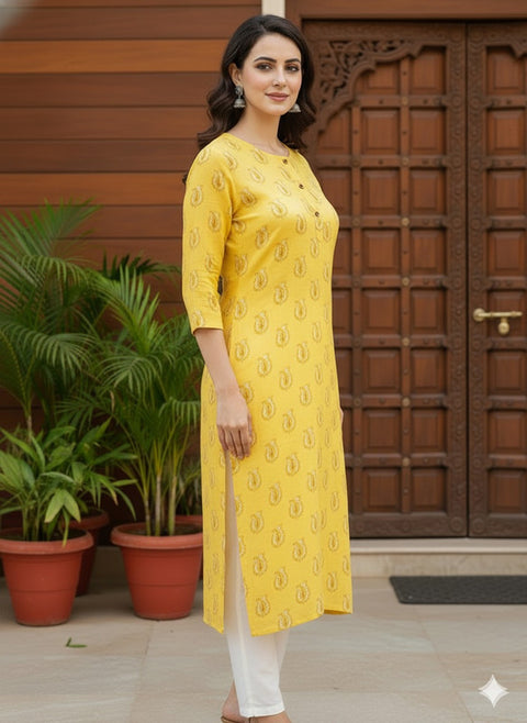 Saka Designs Rayon Printed 3/4 Sleeves Straight Kurti Yellow (Kurti-36)