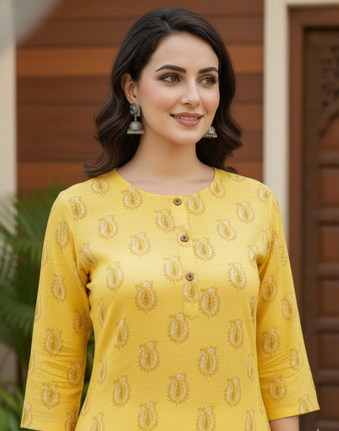 Saka Designs Rayon Printed 3/4 Sleeves Straight Kurti Yellow (Kurti-36)