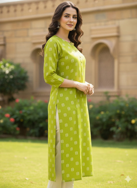 Saka Designs Rayon Printed 3/4 Sleeves Straight Kurti Green (Kurti-7)