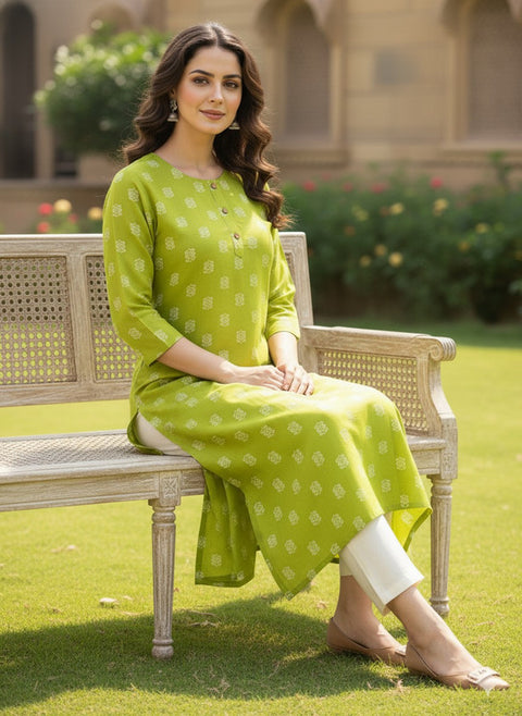 Saka Designs Rayon Printed 3/4 Sleeves Straight Kurti Green (Kurti-7)