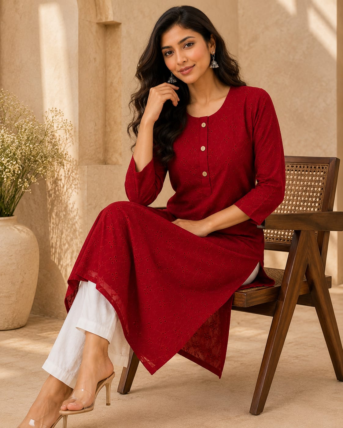 Women 100% Cotton Embroidered Kurti - Mahroon (Kurti-76)