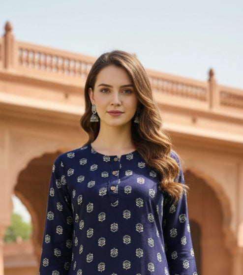 Printed 3/4 Sleeves Straight Kurti Blue (Kurti-9)