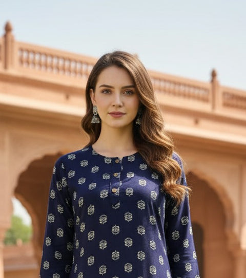 Saka Designs Rayon Printed 3/4 Sleeves Straight Kurti Blue (Kurti-9)