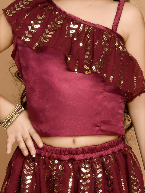 Saka Designs Wine All Over Emberoidered Lehenga Choli With A Single Shoulder Frills