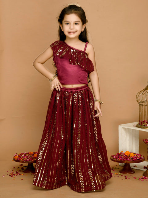Saka Designs Wine All Over Emberoidered Lehenga Choli With A Single Shoulder Frills