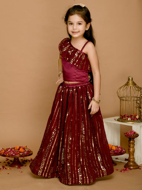 Saka Designs Wine All Over Emberoidered Lehenga Choli With A Single Shoulder Frills
