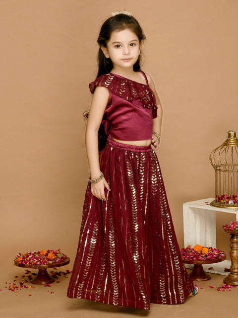 Saka Designs Wine All Over Emberoidered Lehenga Choli With A Single Shoulder Frills