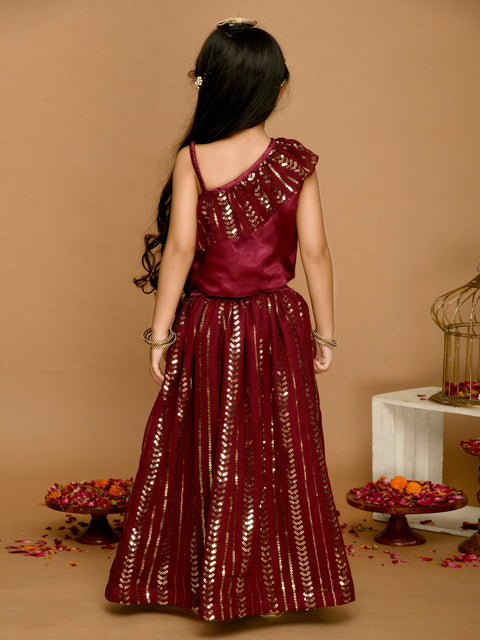 Saka Designs Wine All Over Emberoidered Lehenga Choli With A Single Shoulder Frills
