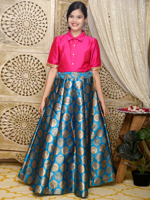 Saka Designs Indowestern Magenta Top With Blue & Gold Jaquard Lehenga