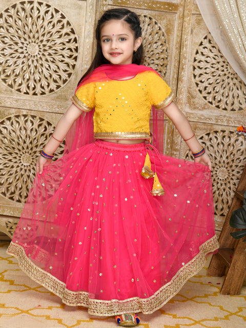 Saka Designs Yellow & Magenta Emberoidered Lehenga Choli With All Over Seuqence Work