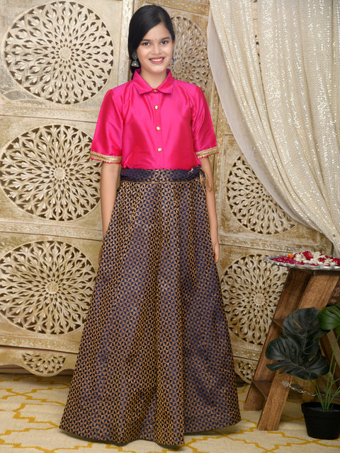 Saka Designs Indowestern Magenta Top With Navy & Gold Jaquard Lehenga