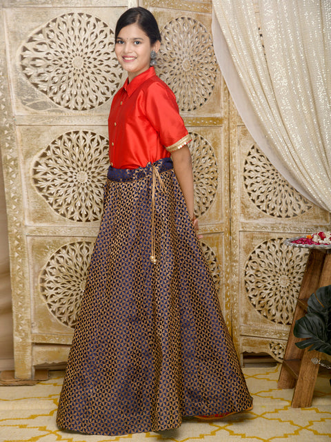 Saka Designs Indowestern Red Top With Blue & Gold Jaquard Lehenga
