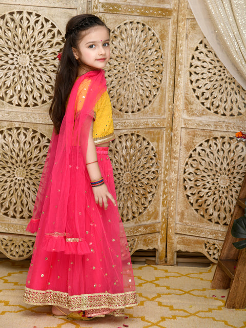 Saka Designs Yellow & Magenta Emberoidered Lehenga Choli With All Over Seuqence Work