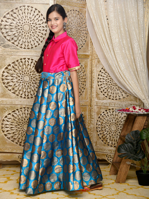 Saka Designs Indowestern Magenta Top With Blue & Gold Jaquard Lehenga
