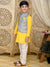 Elegant Cotton Kurta Dhoti With Poly Chanderi Grey Jacket Set For Boys