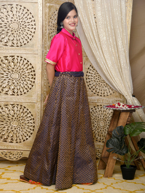 Saka Designs Indowestern Magenta Top With Navy & Gold Jaquard Lehenga
