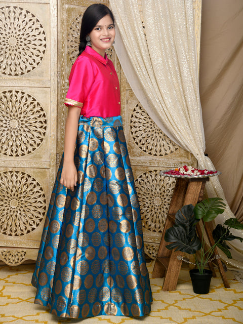 Saka Designs Indowestern Magenta Top With Blue & Gold Jaquard Lehenga